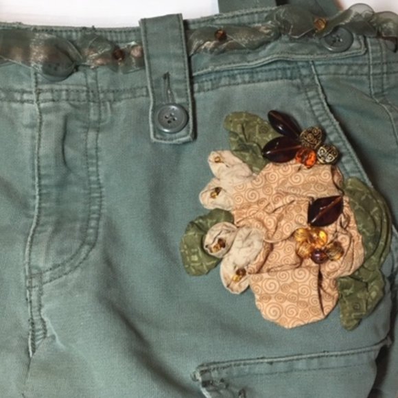 American Eagle Jean Fabric Olive Green Beads Lace Flowers Shoulder Bag Tote - Picture 4 of 16